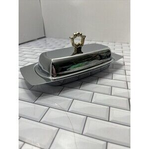 Kromex 3 Piece Butter Dish Silver Tone  Gold Tone Handle Glass Insert* Tiny Flaw